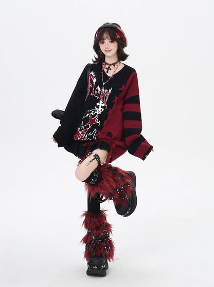 ゆるギャル系 Vネック配色リボンニット♡秋冬甘辛ミックス