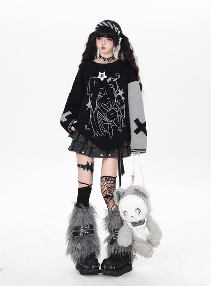 ゴシック サブカル 肩見せイラストプリントニット