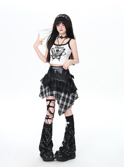 甘辛ゆる地雷Y2Kチェック切替リバーシブルフェイクレザースカート