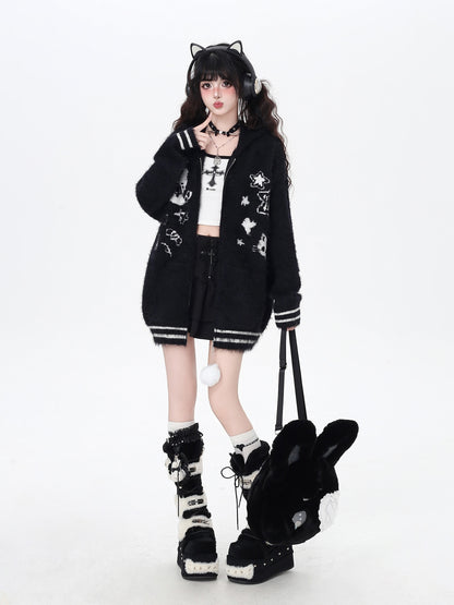 うさ耳フーディー付きゆるカワカーディガン秋冬