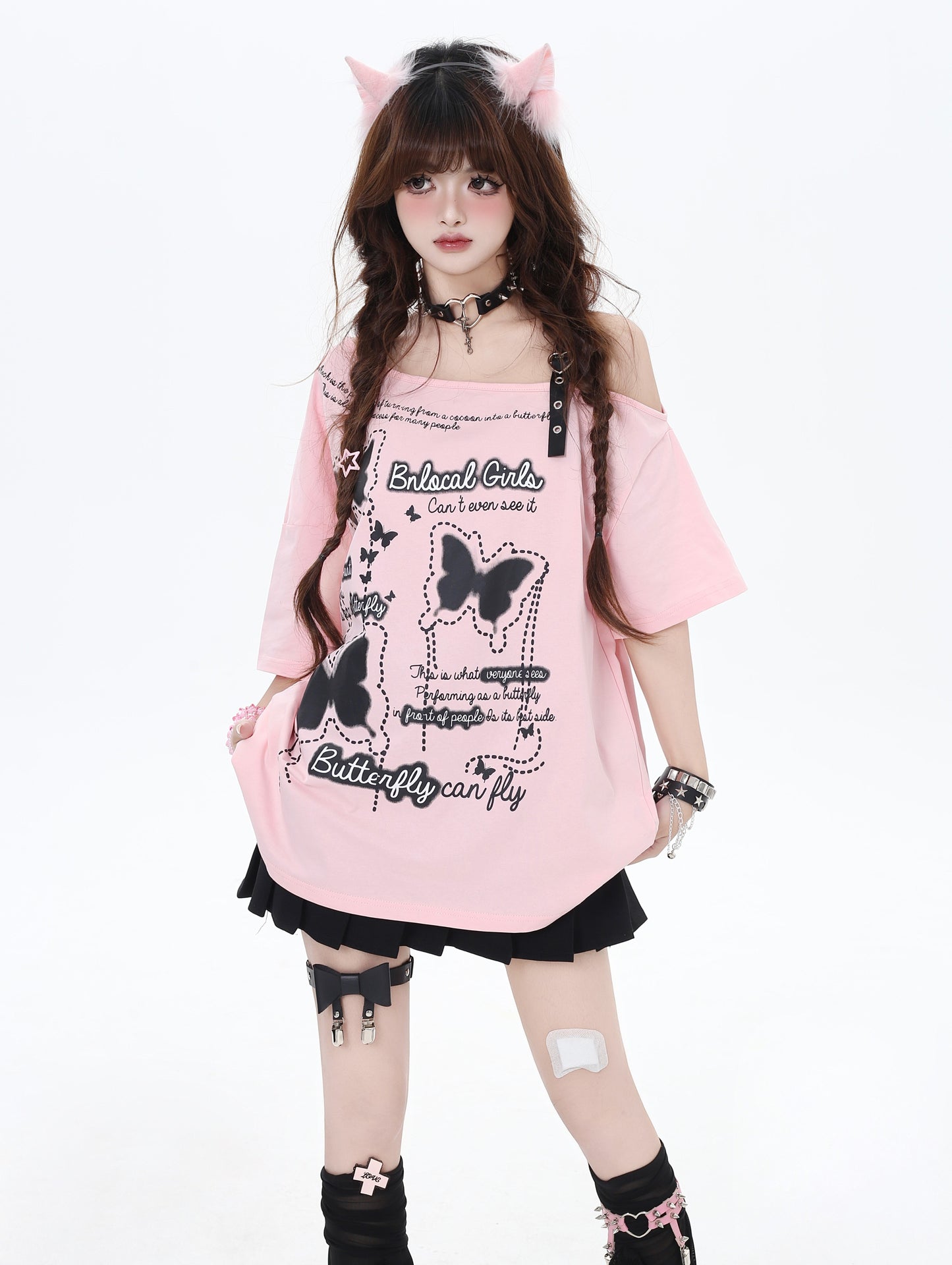 蝶々モチーフオフショルダーTシャツ
