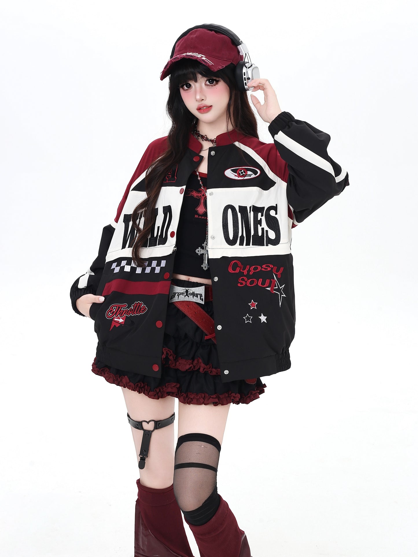 ストリート復古パッチワーク×ライダーズスタジャン（取り外し可能）