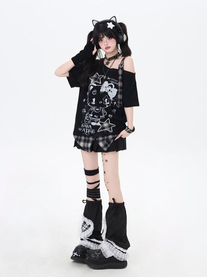 ネコ柄×チェック肩あきTシャツ