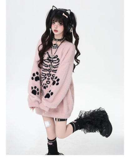 ふわふわネコモチーフ丸首ゆるニット 秋冬ガーリー