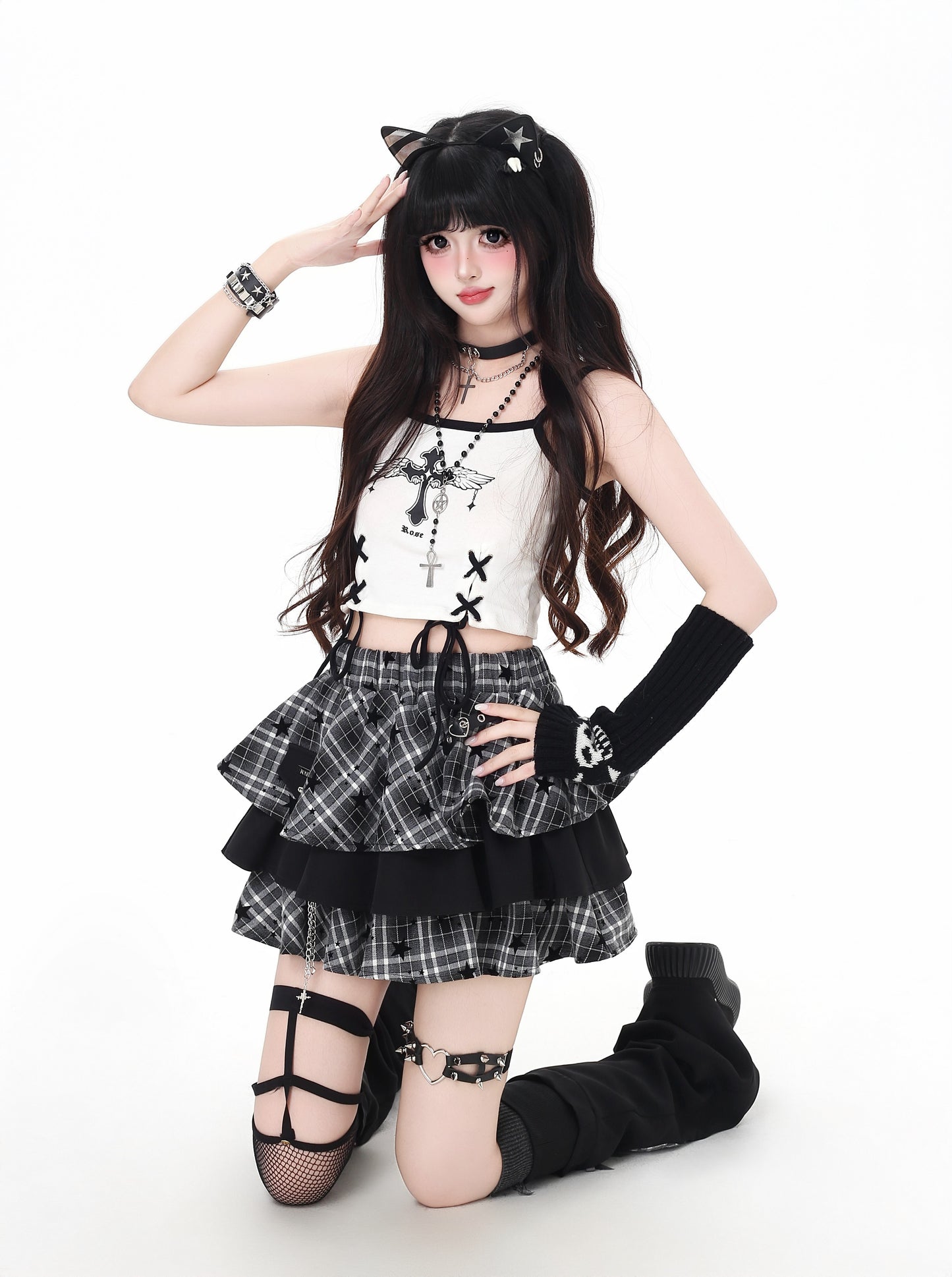 ヘビーデューティ格子柄ロックケーキスカート