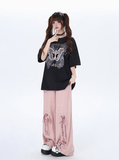 ダメージ加工デニム蝶々プリントのルーズフィット短袖Tシャツ