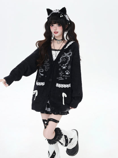 うさ耳レースフード付きニットカーデ