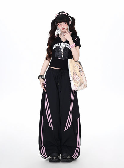 ブラック×ピンクボーダーストレートパンツ