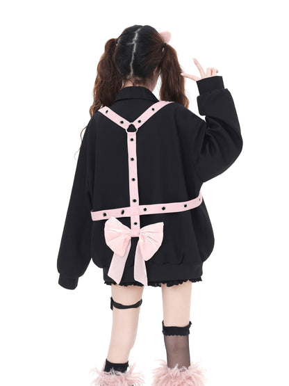 蝶結バックデザインのカジュアル棒球ジャケット