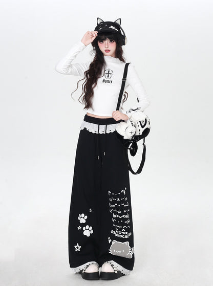 ねこイラスト レース付き ゆるストレートパンツ