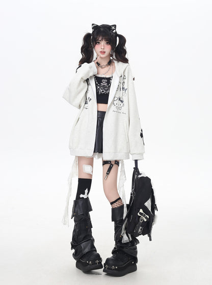 地雷系ダークキャット 黒グレーゆるパーカー 秋のジップアップ