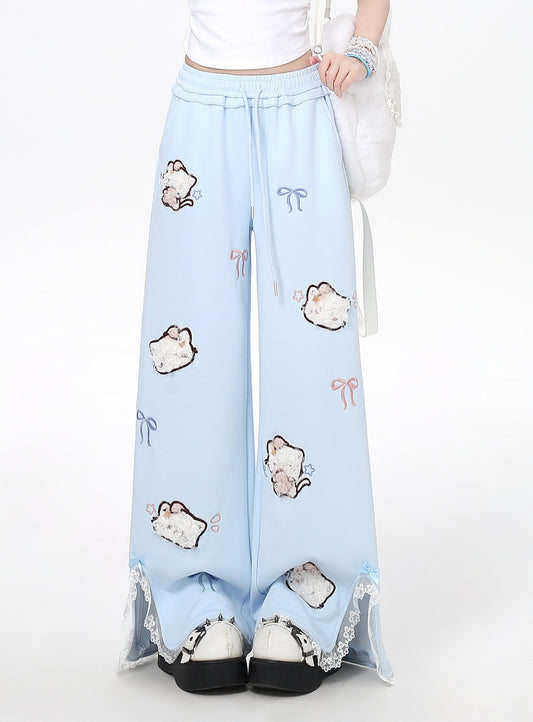 ネコ刺繍レースワイドパンツ