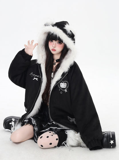 ねこ耳フード付きボアコットンジャケットコーデ