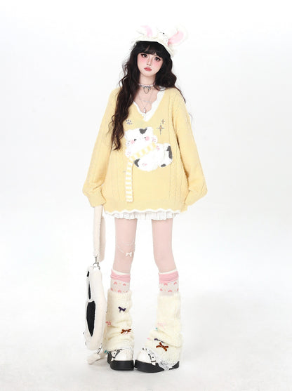 Vネック 猫モチーフ ゆるニット