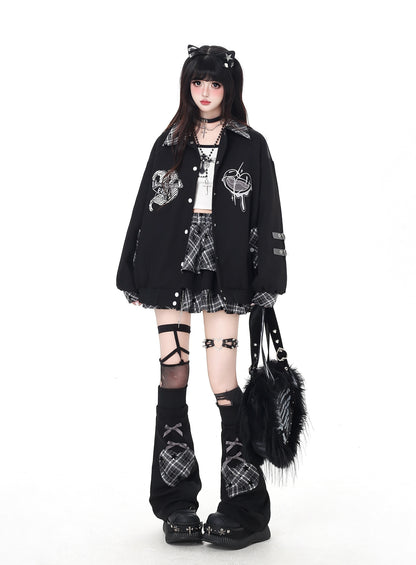 刺繍チェックパッチワークベースボールジャケット