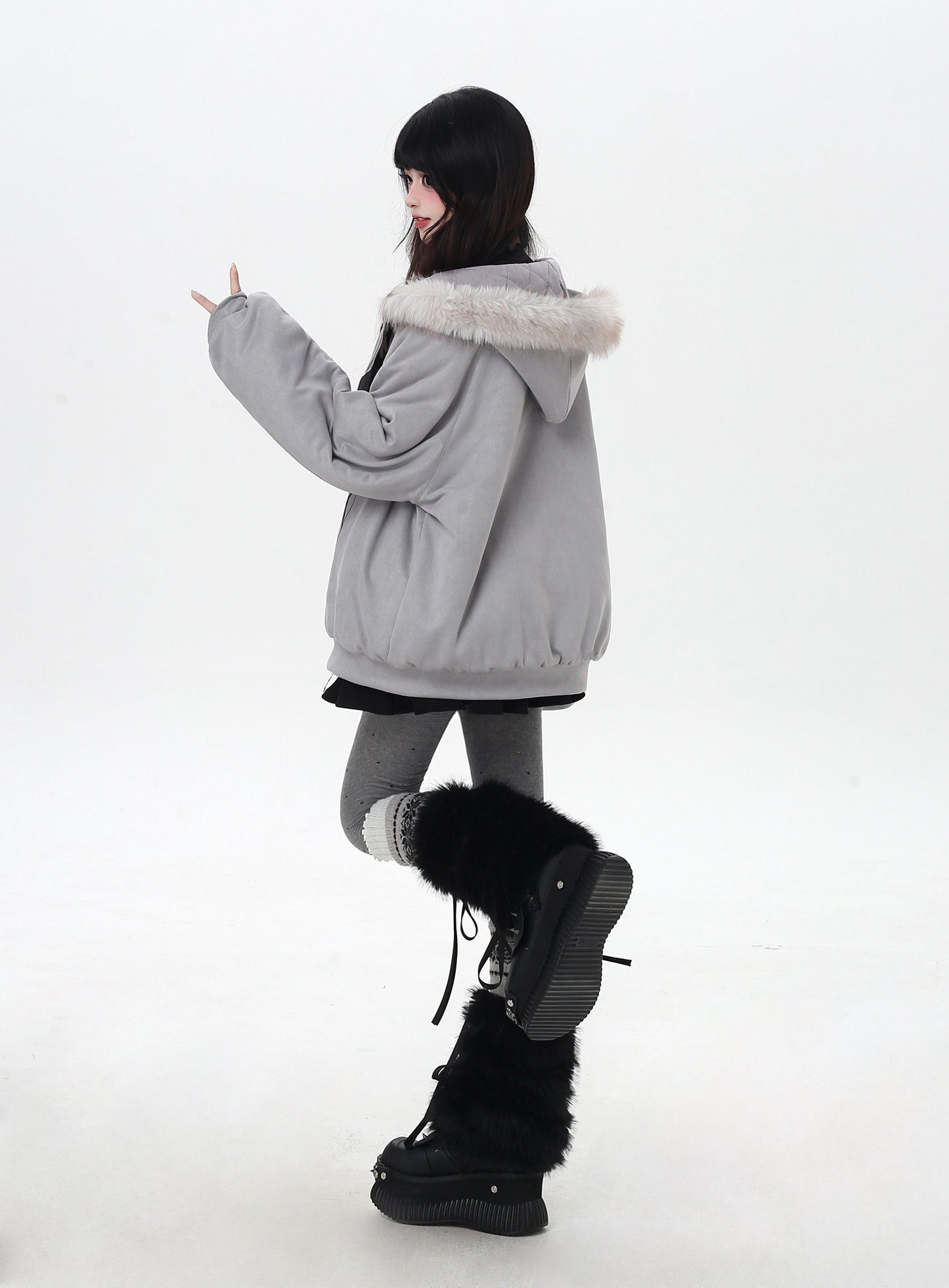 星柄レター×ボア襟取り外し可能 ゆるシルエット中綿ジャケット