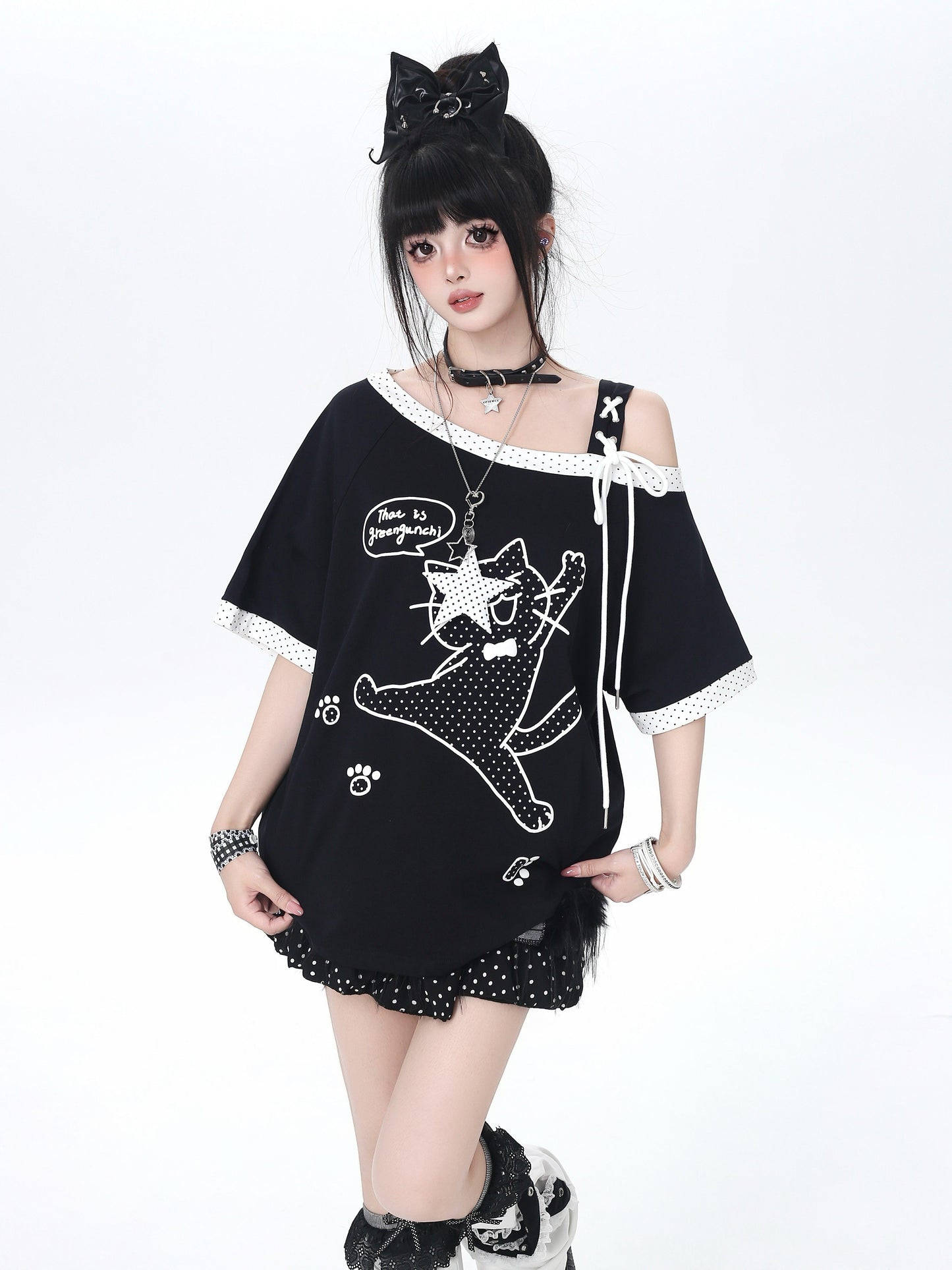 ドット×ネコ♡アシメTシャツ