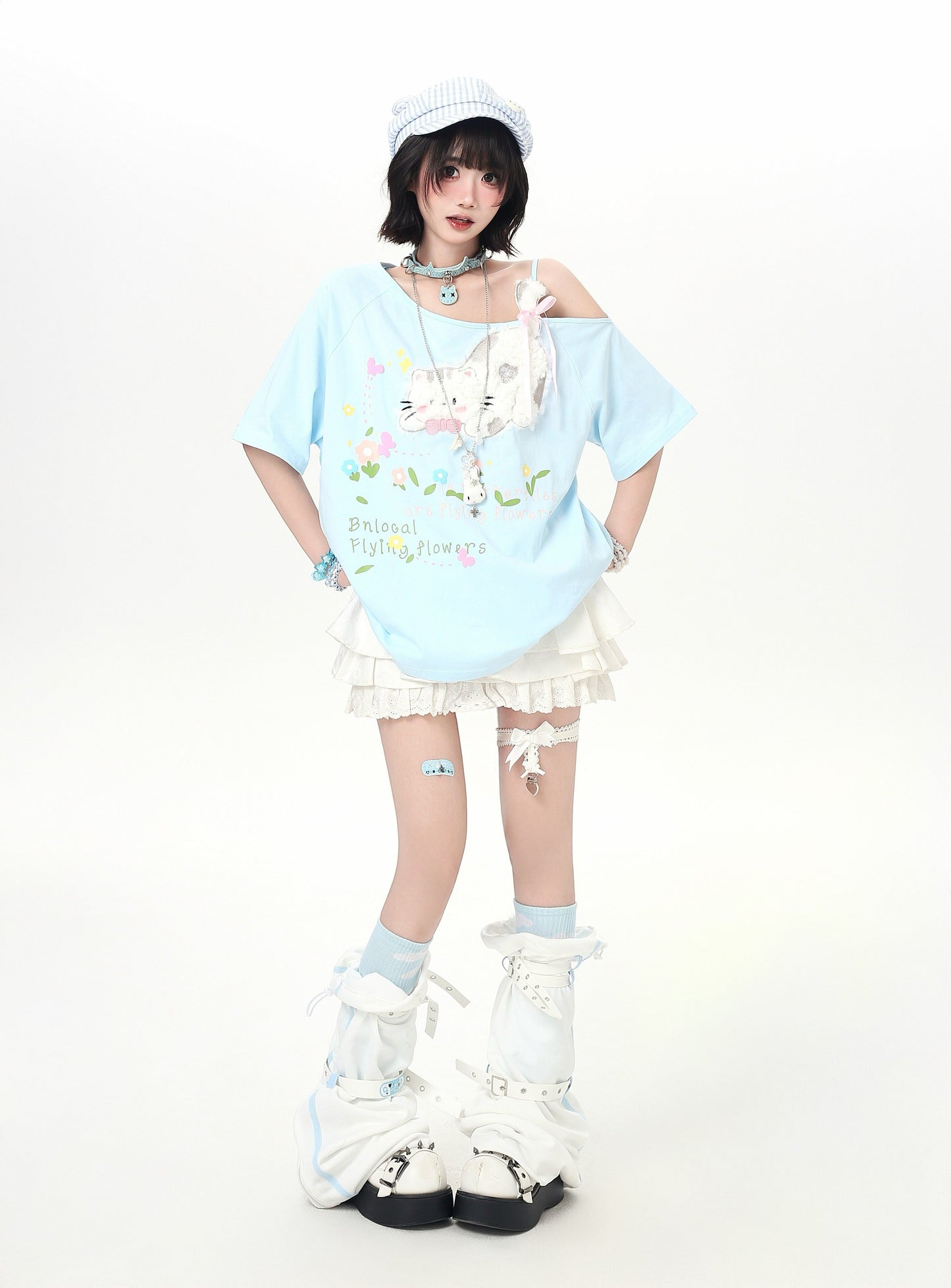 ネコモチーフオフショルレイヤードT