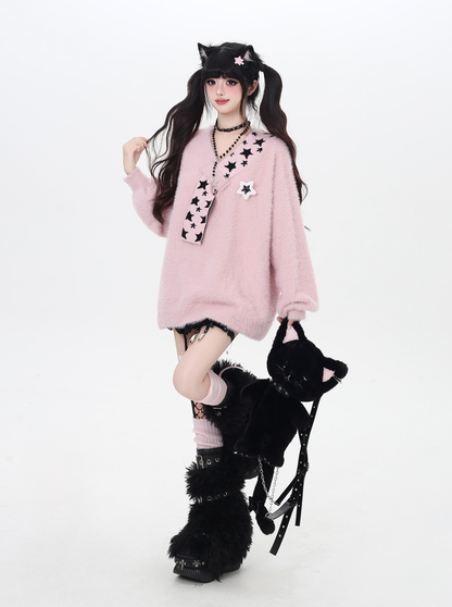 星モチーフフェイクファー重ね着風ニット