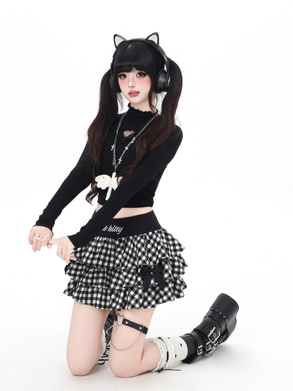 チェック刺繍リボンフレアスカート