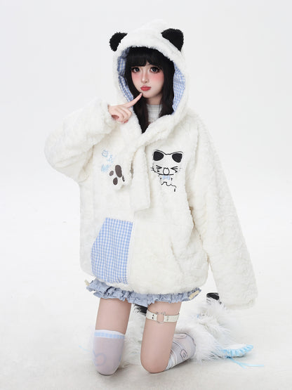 ねこモチーフチェックフード付きボアジャケット