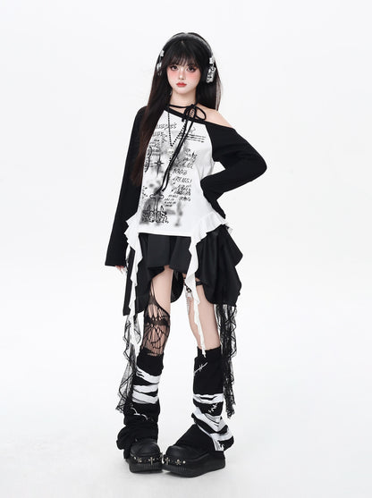 レトロY2K斜め肩ホルターネック配色ゆる細見えTシャツ秋