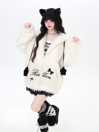 うさ耳フード×星柄ボアジャケット