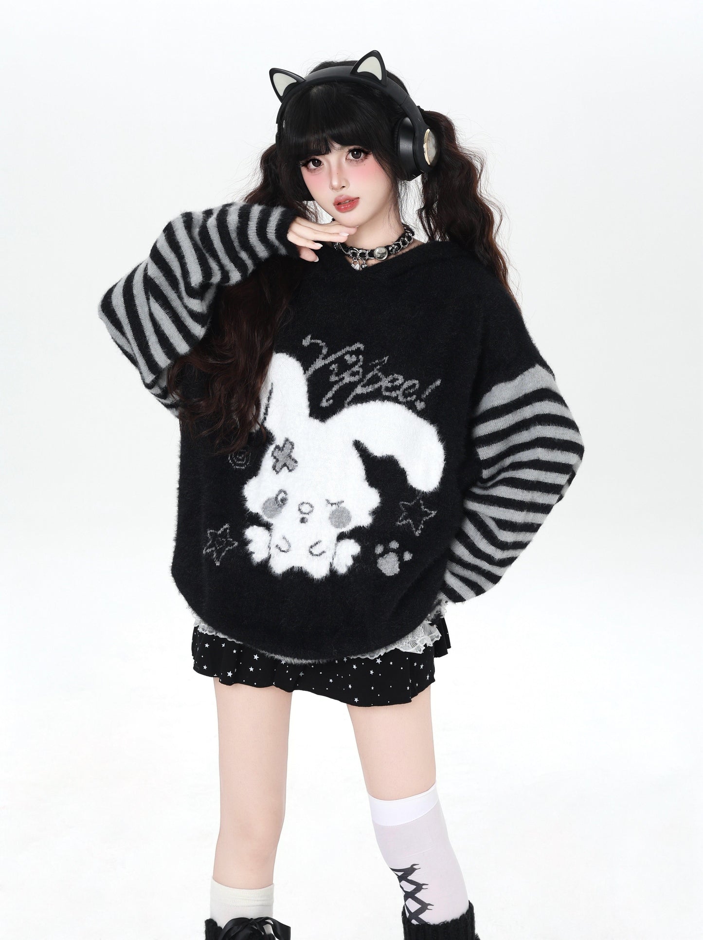 うさ耳フード入り ボーダーゆるニット