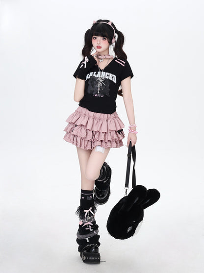 アメカジムード♡ブラック×ピンクボーダーVネックフィットT