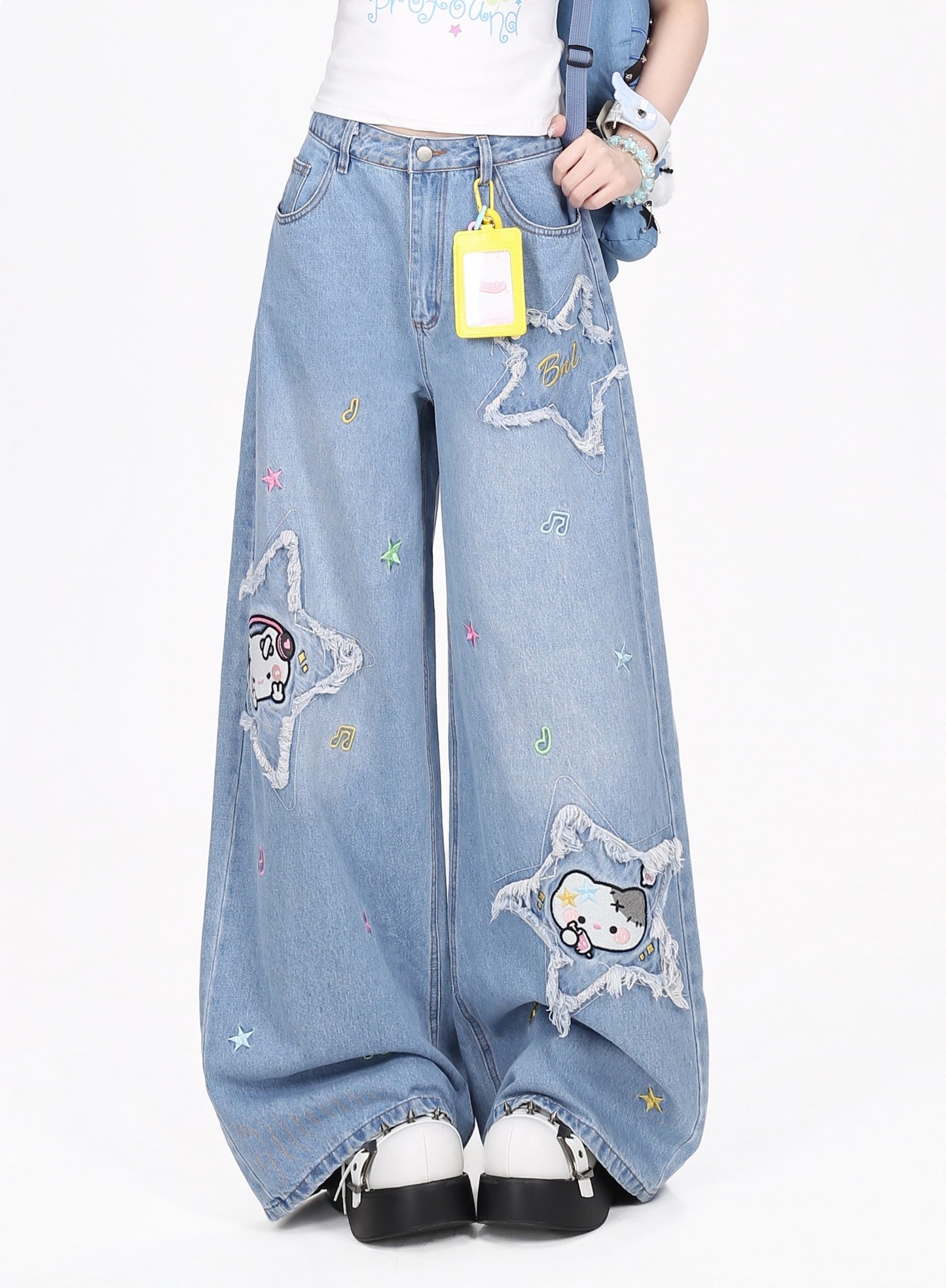 ねこちゃん星刺繍フリンジデニムパンツ