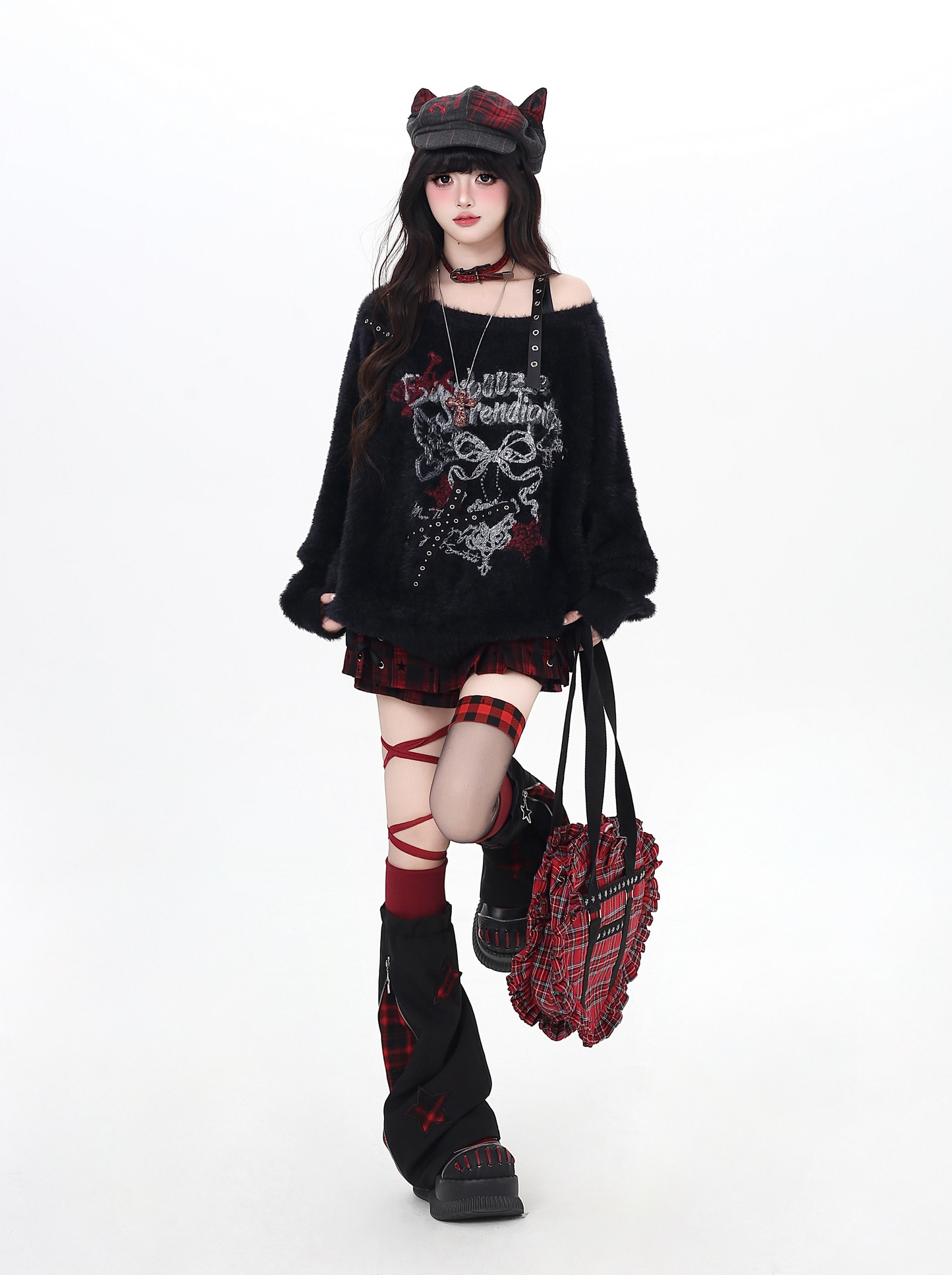 リボンオフショルフェイクファーニット