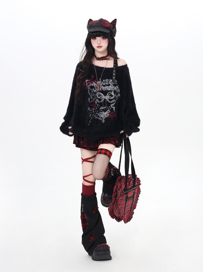 リボンオフショルフェイクファーニット