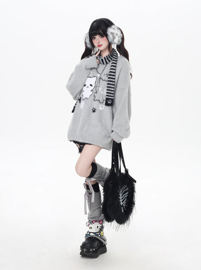 ふわもこ猫柄ニット＋マフラー付き