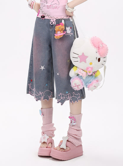 ネコ刺繍グラデワイドデニム