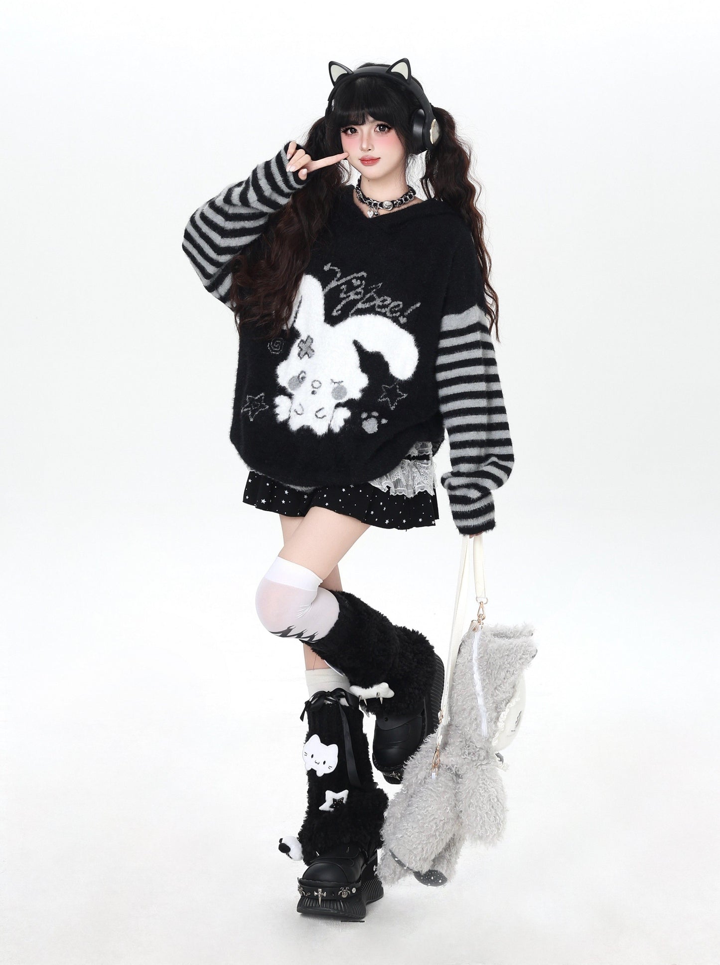 うさ耳フード入り ボーダーゆるニット