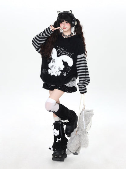 うさ耳フード入り ボーダーゆるニット