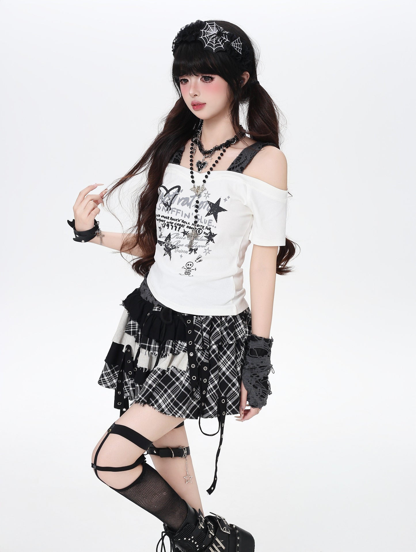 星柄フェイクレイヤード肩出しTシャツ