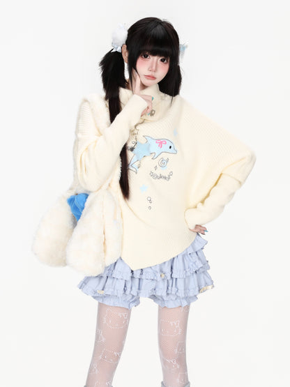 イルカ柄ハイネックポンチョニット
