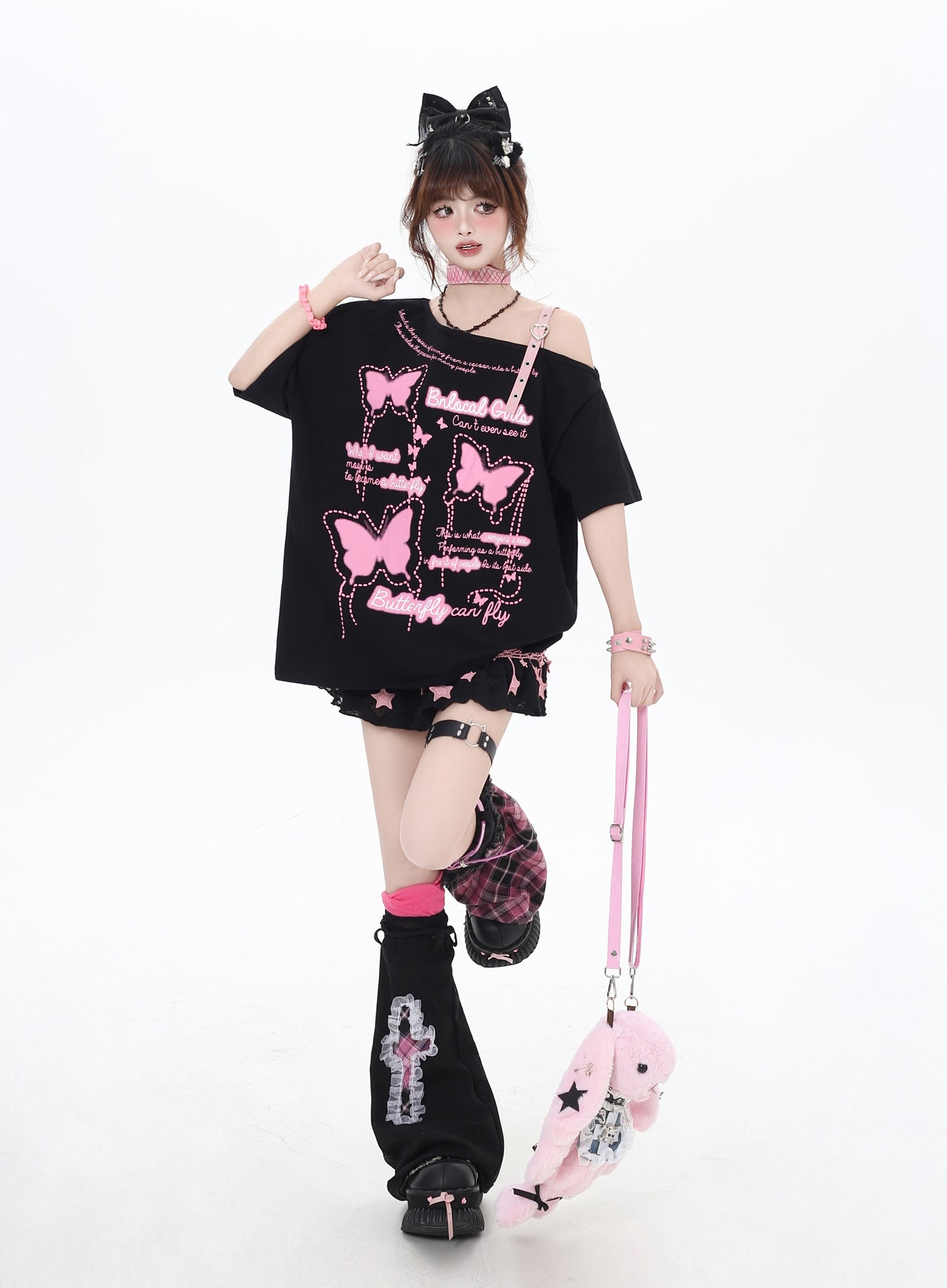 蝶々モチーフオフショルダーTシャツ