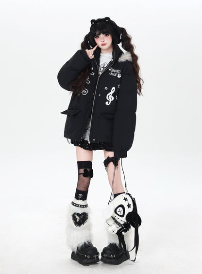 猫モチーフ 音符入り フード付き中綿ジャケット