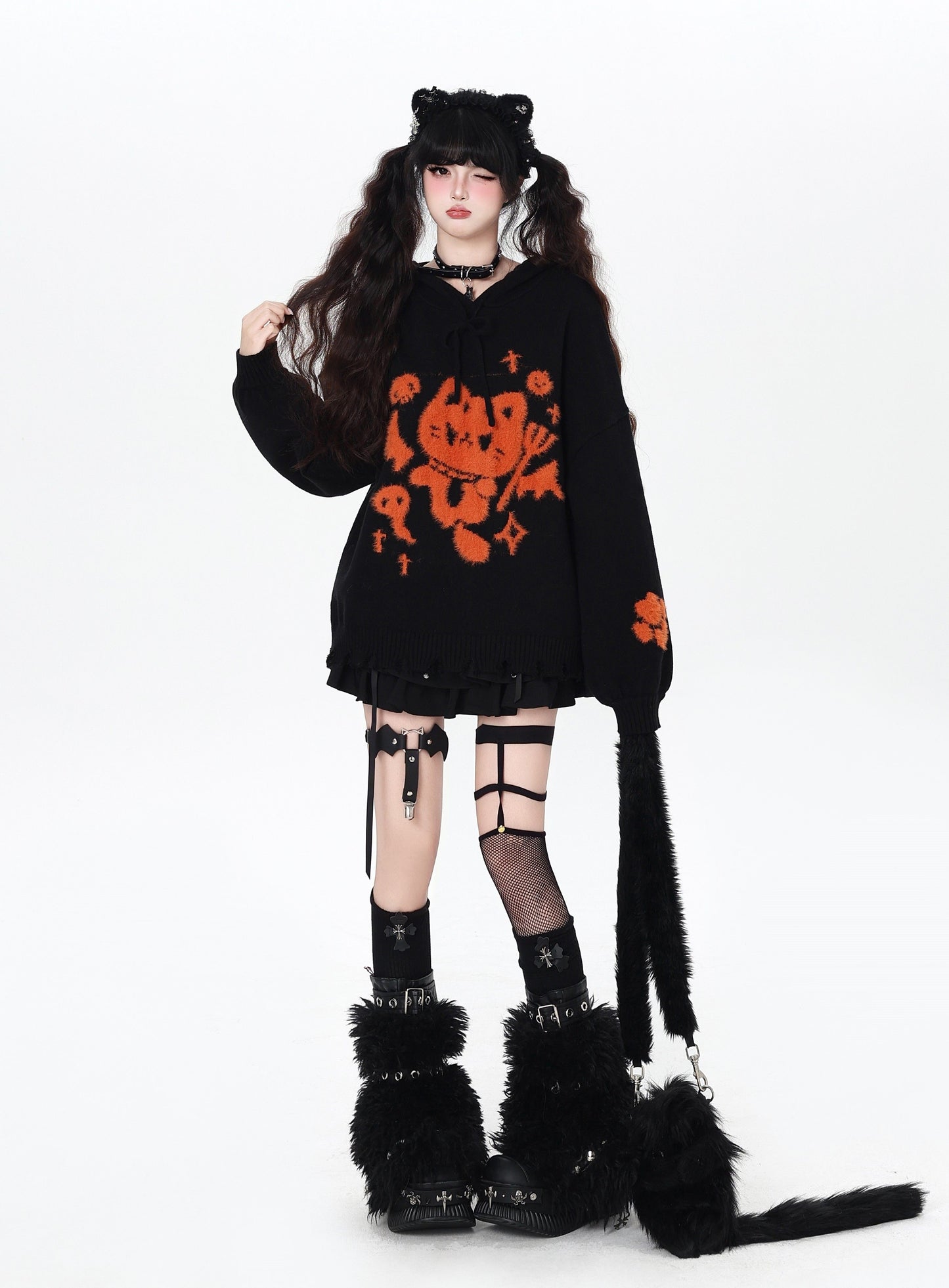 ねこモチーフ フード付きルーズニット｜黒×グレー サブカル