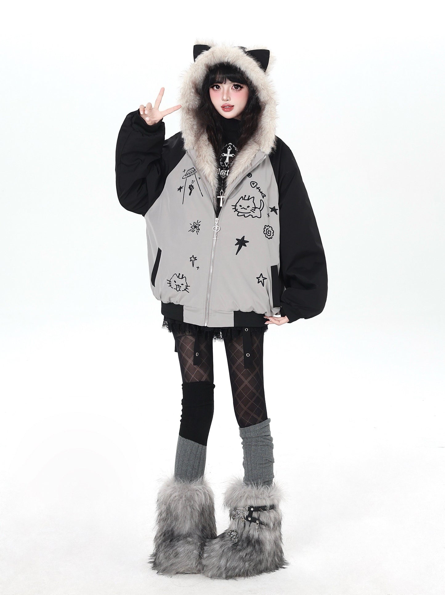 猫耳刺繍 ボリューム中綿アウター