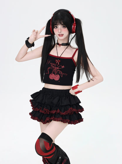 甘可愛いチェリー柄色分けキャミソール