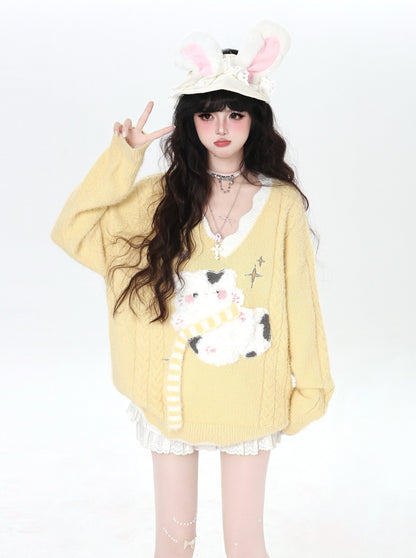 Vネック 猫モチーフ ゆるニット