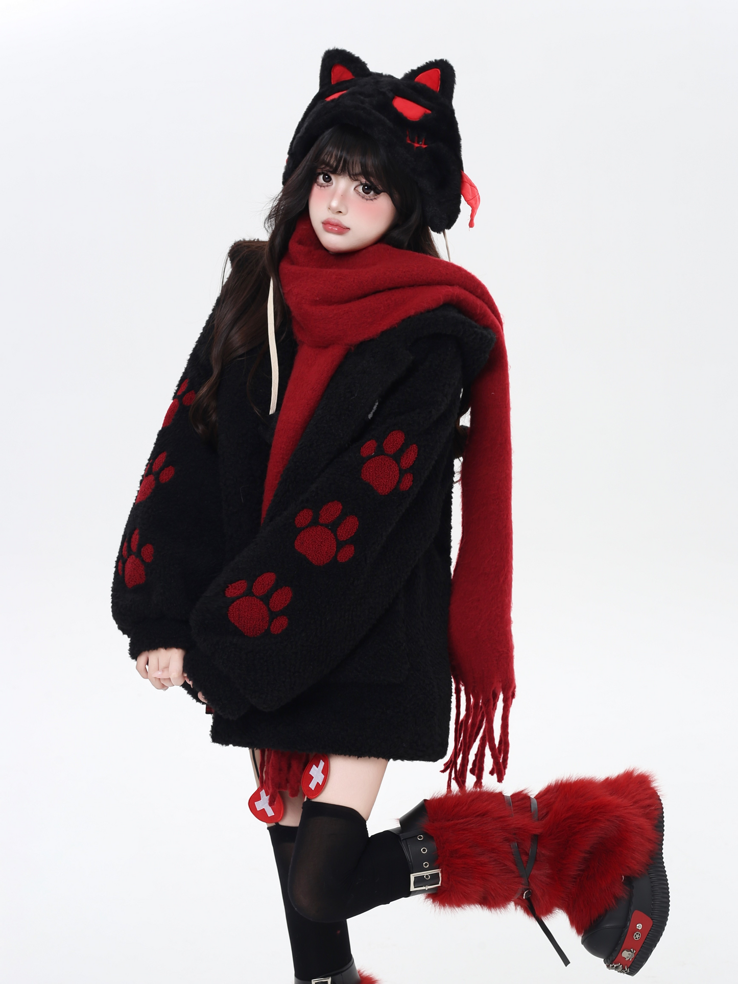 キャットモチーフ刺繍フードボアジャケット