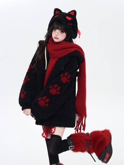 キャットモチーフ刺繍フードボアジャケット