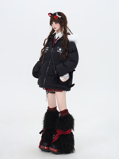 小怪獣デザイン暖かい毛襟付きゆるコート