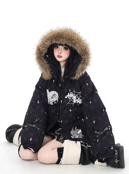 雪柄フード付き取り外し可毛襟コットンジャケット