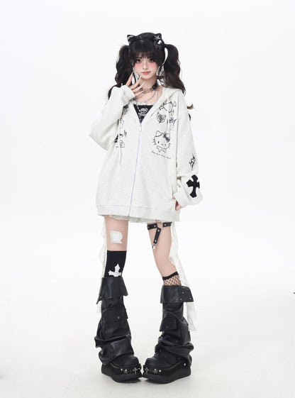 地雷系ダークキャット 黒グレーゆるパーカー 秋のジップアップ