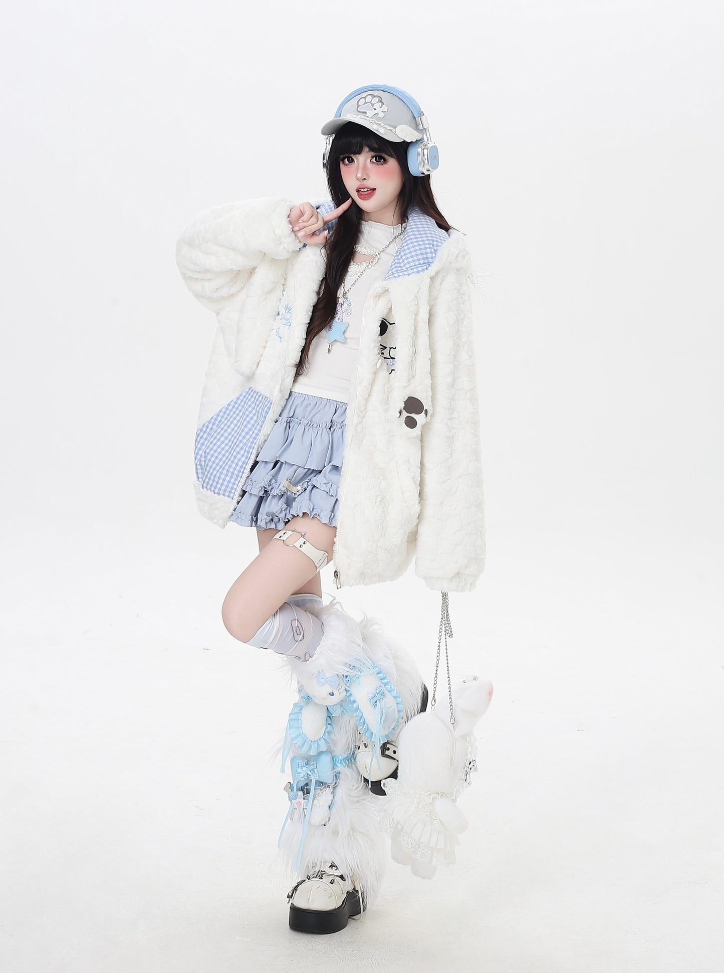 ねこモチーフチェックフード付きボアジャケット